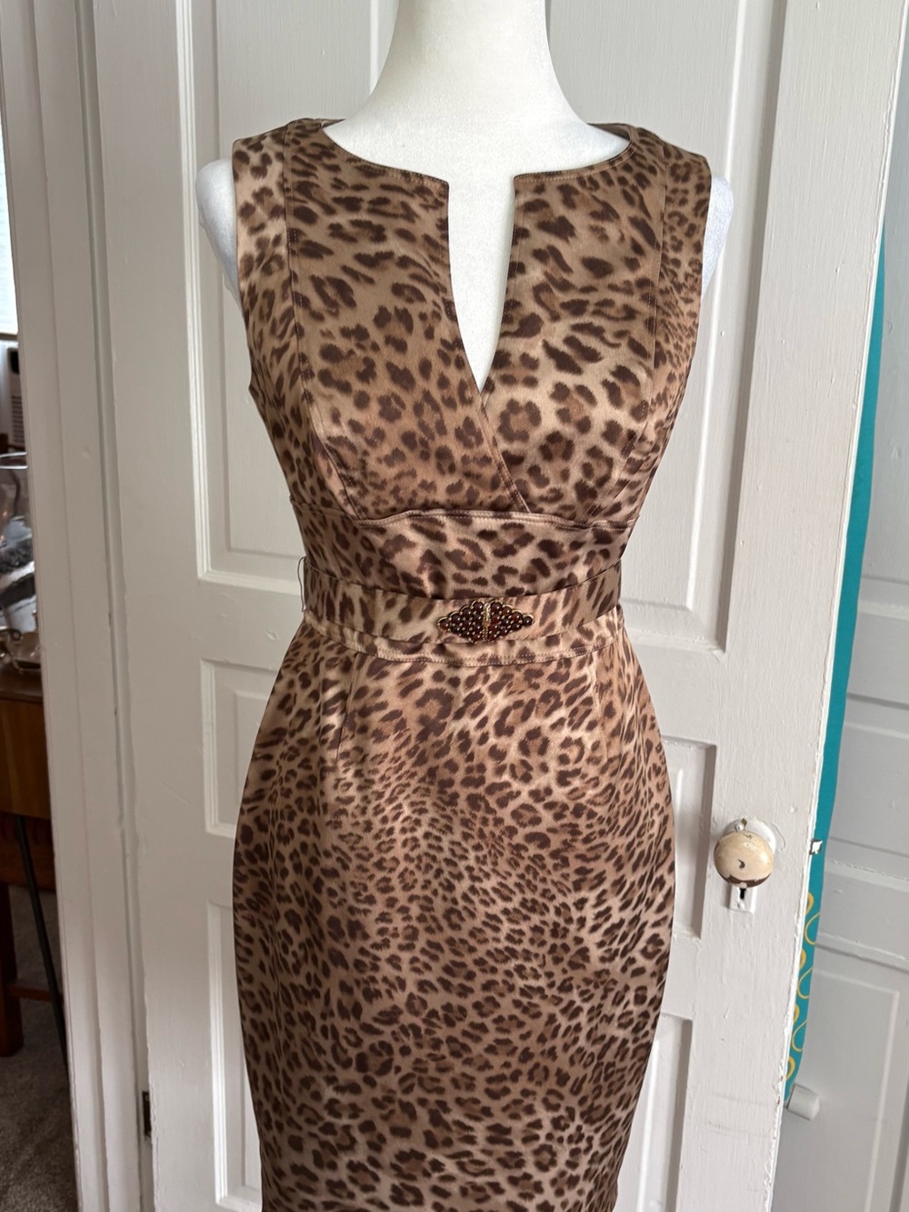 Kay Unger Brown Leopard Print Midi Sheath Dress